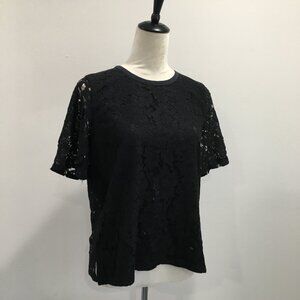 MADEWELL Black Sheer Lace Lined Short Sleeve Slit Hem Shirt